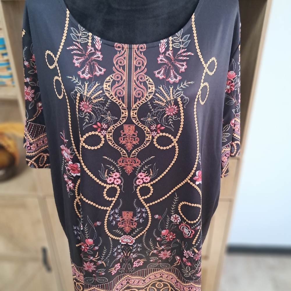 Tunic Blouse Black Colorful Pattern Short Sleeve Scoop Neck Artsy Day To Night - Picture 5 of 9